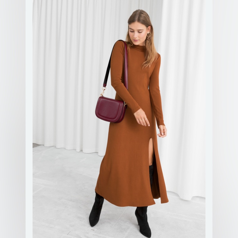 & OTHER STORIES Ribbed Mock Neck  Sweater Dress Women 10 Burnt Orange Stretch